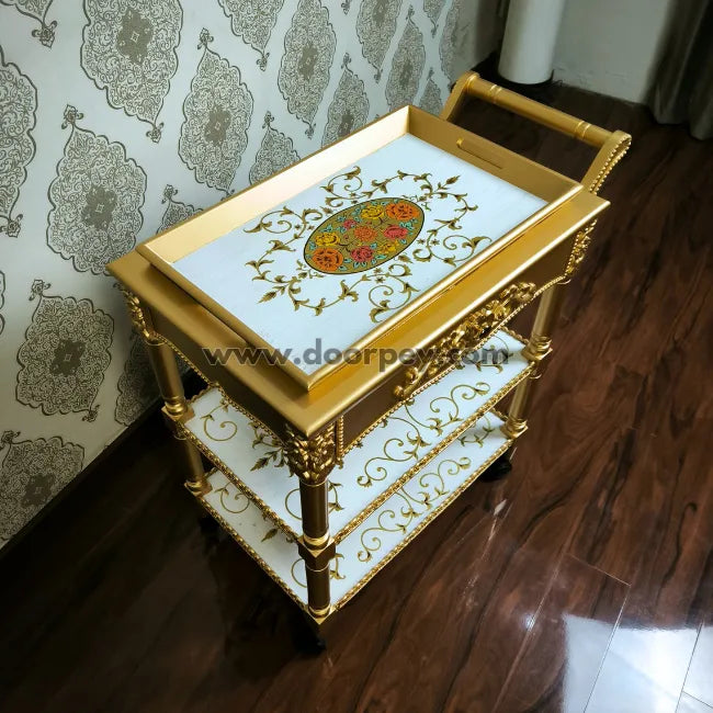 Imperial Gold Wooden Trolley – Removable Tray Top & Drawer