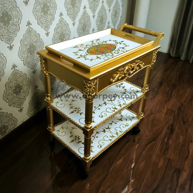 Imperial Gold Wooden Trolley – Removable Tray Top & Drawer