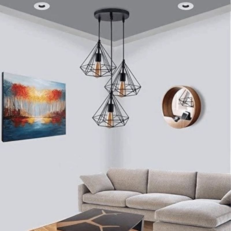 Round Base 3 in 1 Metal Diamond Cage Hanging Light