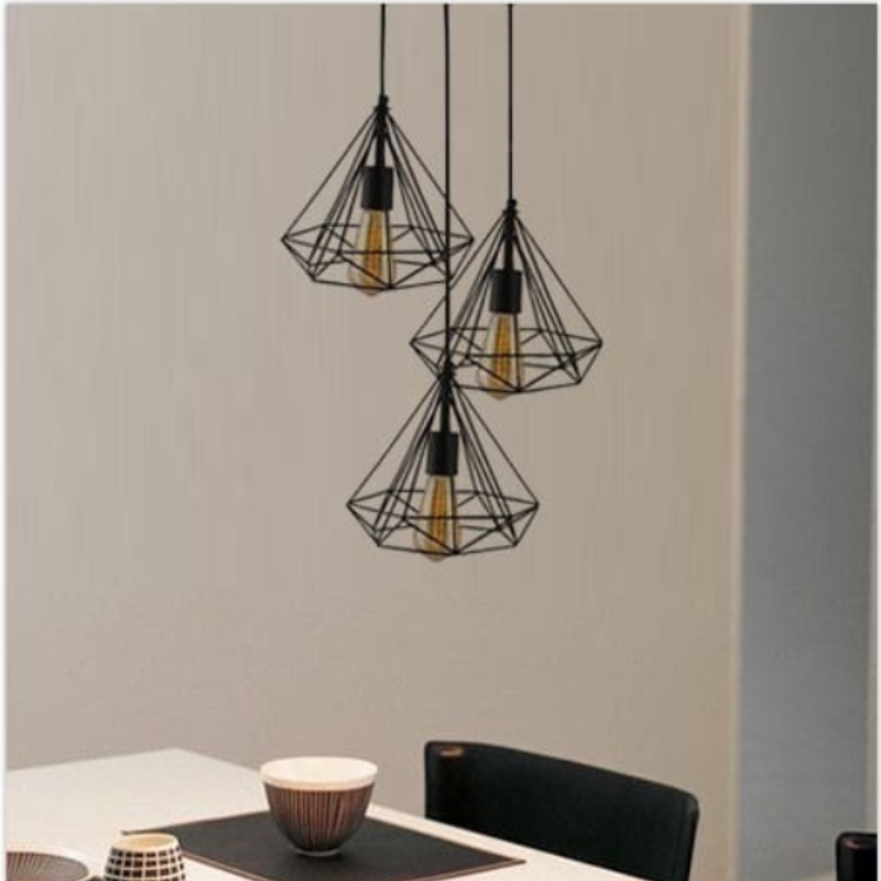 Round Base 3 in 1 Metal Diamond Cage Hanging Light